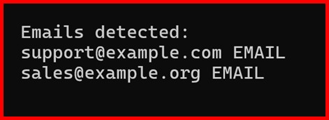 Picture showing the output of creating custom pipeline to detect email in text using spacy